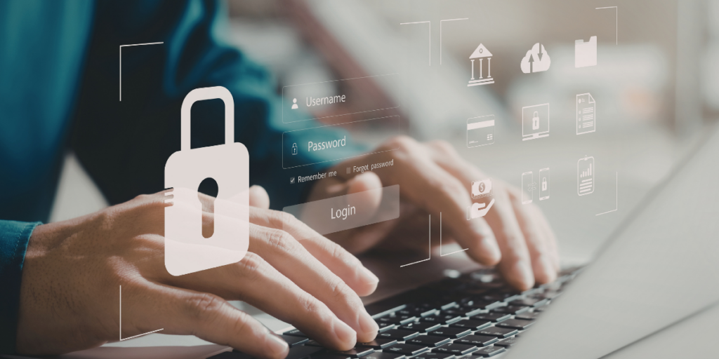 A close-up of male hands typing on a laptop, with icons floating over the keyboard showing a padlock and login details to access apps.