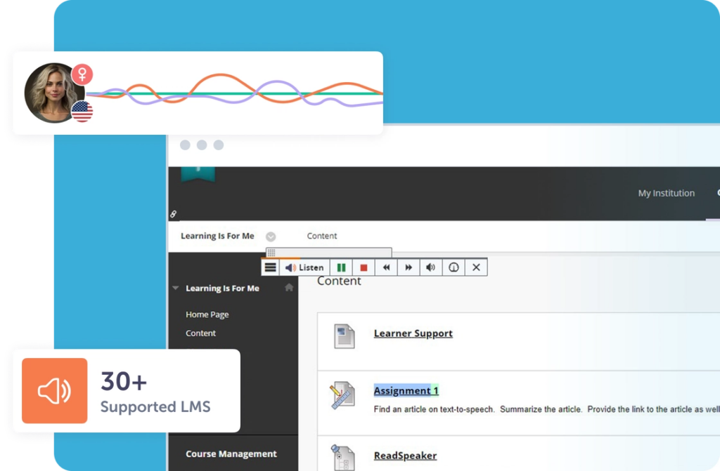 Screen display of the ReadSpeaker tool working inside an LMS environment, with a sign indicating that it is supported in 30+ LMS.