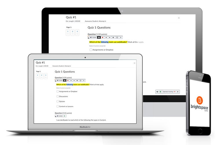 Computer screens and a smartphone demonstrate how to use text-to-speech in Brightspace.