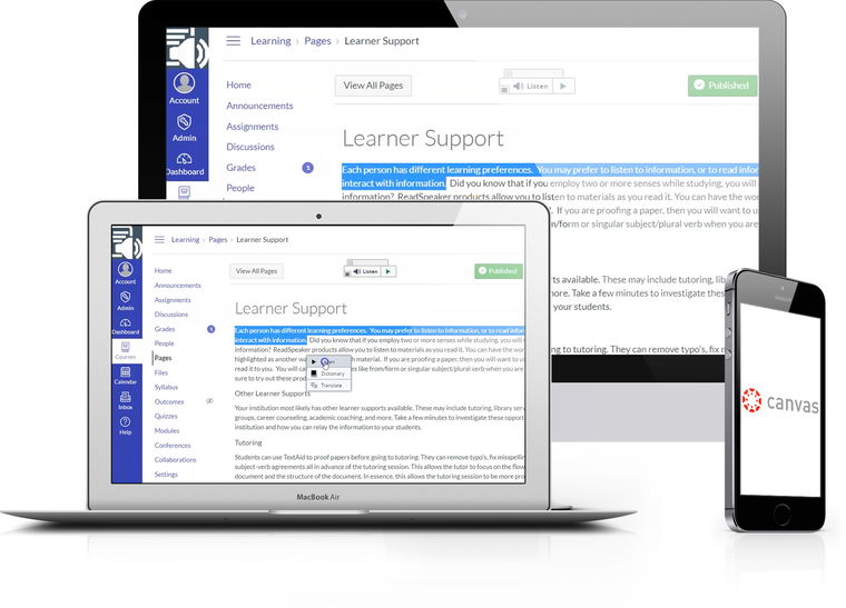 Computers and phones show text to speech in Canvas LMS.
