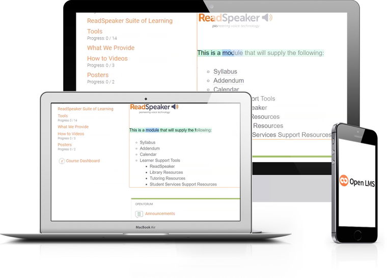 Computer and smartphone screens that show text to speech in Open LMS.