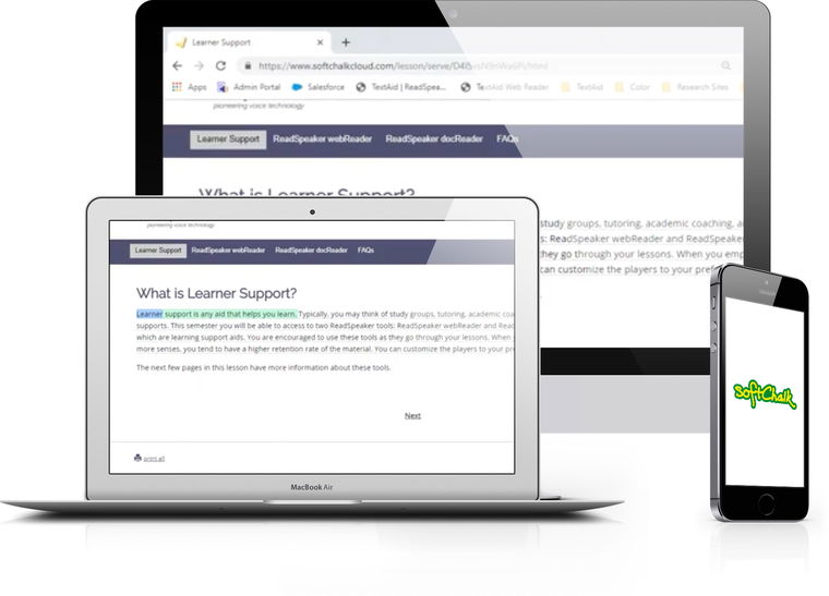 Computer and smartphone screens that show text to speech in SoftChalk LMS.